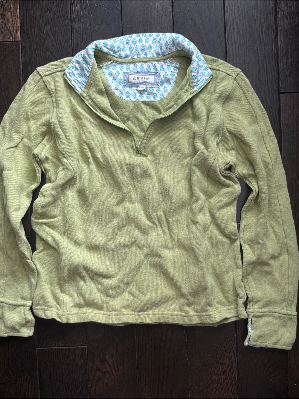 Orvis Light Green Quarter-Zip Sweater with Patterned Collar